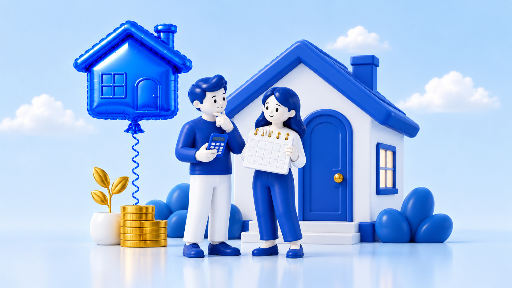 Pár před domem plánuje financování bydlení s kalkulačkou a kalendářem.