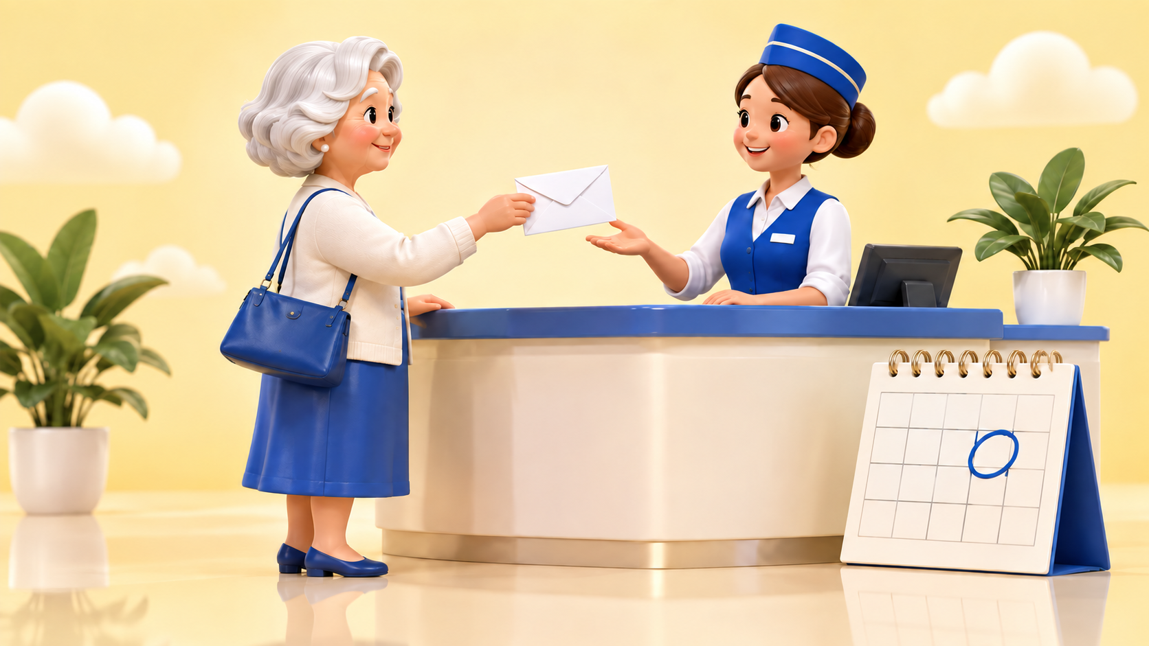 Seniorka podává na poště žádost; kalendář připomíná blížící se termín.